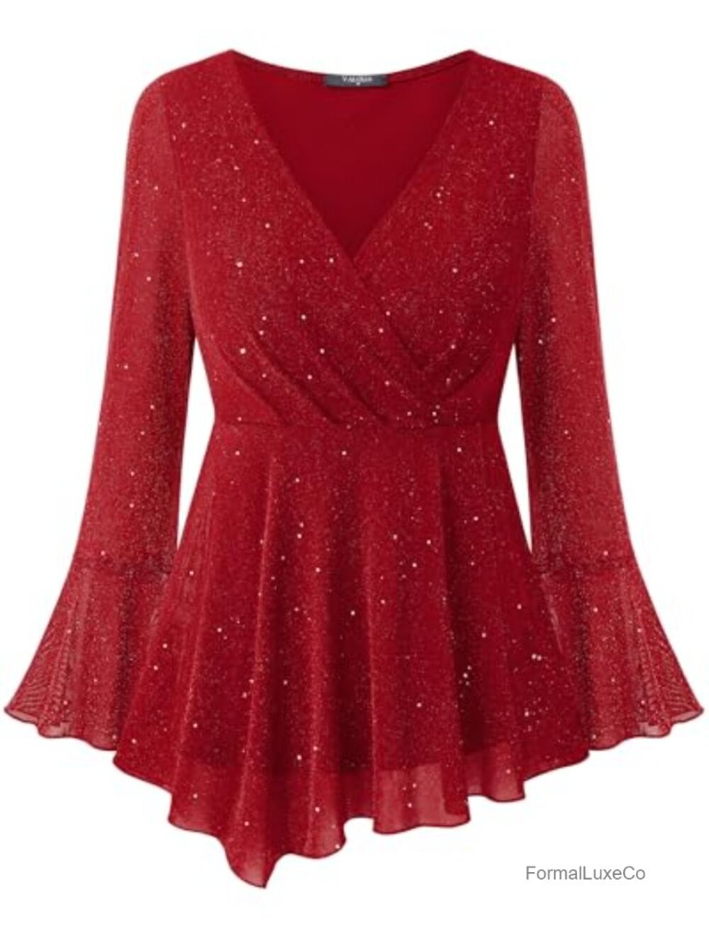 Women Long Sleeve Sequin V Neck Blouse Party Wrap Top